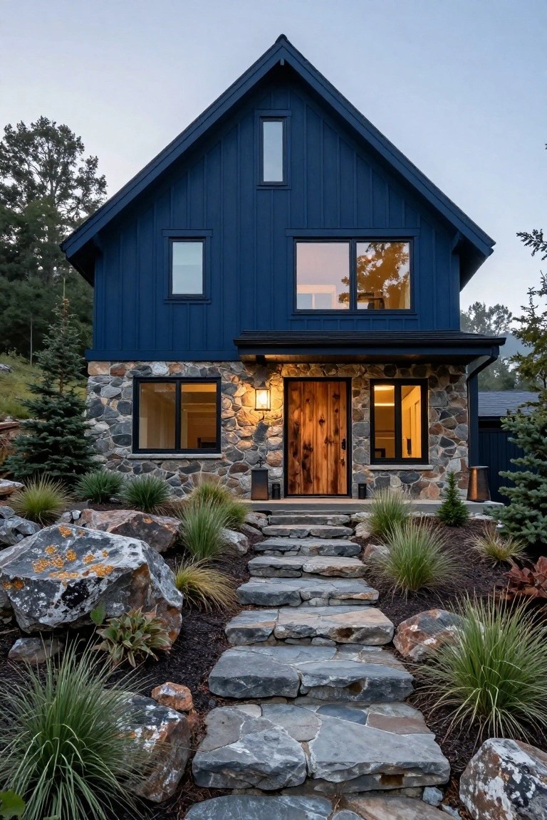 Navy blue board-and-batten sided house with fieldstone foundation, wooden front door, lantern light, black-framed windows, and stone steps amid large boulders and grasses.