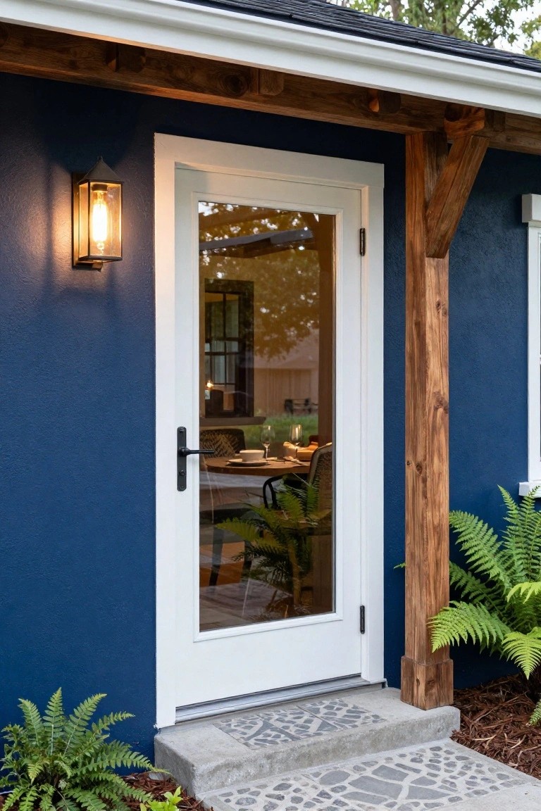 Navy blue stucco wall featuring a white-framed glass entry door with black handle, wall-mounted lantern light, wooden support post, ferns, and concrete steps with pebble surface.