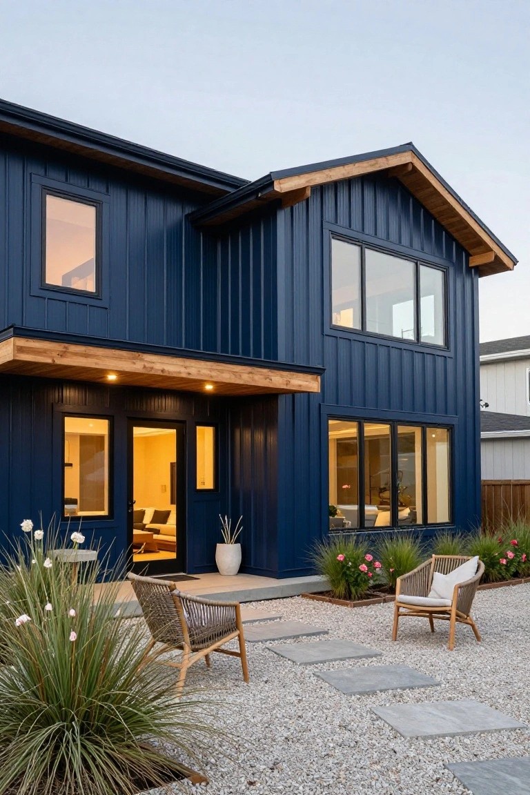 Two-story house exterior with navy blue corrugated metal siding, wood beam accents on gable roof and covered entry porch, large windows, potted grasses and wicker chairs on gravel patio with stone stepping path.