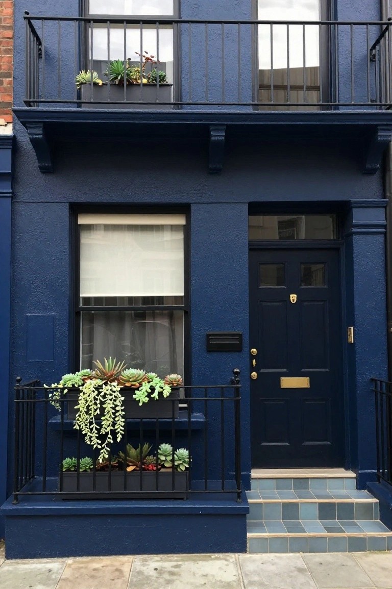 Narrow two-story terraced house painted navy blue with black wrought-iron balconies and railings holding succulent planters, white-curtained sash windows, and a matching navy front door with brass hardware.