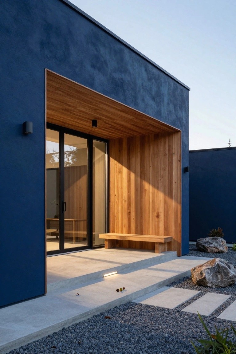 Navy blue stucco house exterior with wooden entry portico, sliding glass doors, wooden bench on concrete steps, and gravel landscaping with rocks.