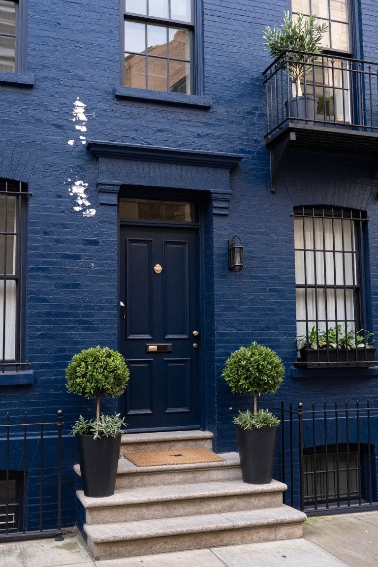 Navy blue painted brick townhouse facade with dark blue front door, brass knocker and handle, symmetrical black pots of trimmed boxwood shrubs flanking stone entry steps, black iron railing, window boxes with plants, and upper balcony with potted olive tree.