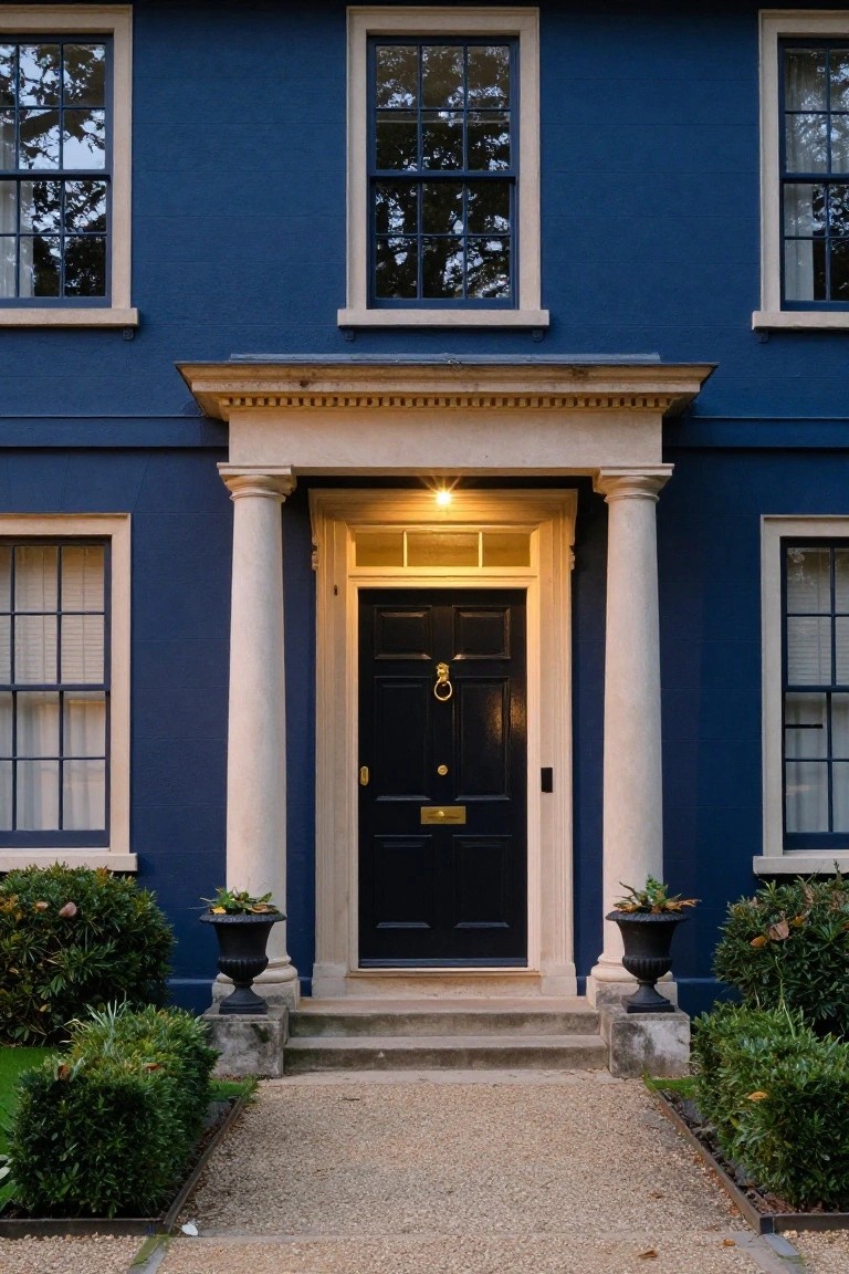 Navy blue painted house exterior with classical portico of two fluted stone columns supporting a pediment over a black front door with brass knocker and letter slot, potted plants next to columns, boxwood shrubs along the foundation, gravel path to steps.