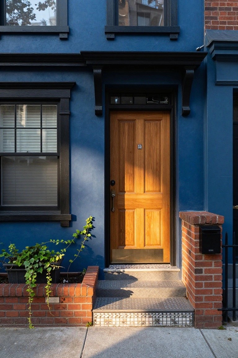 Front view of a two-story navy blue house with black window frames and trim, a light wooden paneled door with brass hardware and knocker, brick planters holding ivy, and mosaic-tiled steps at the entry.