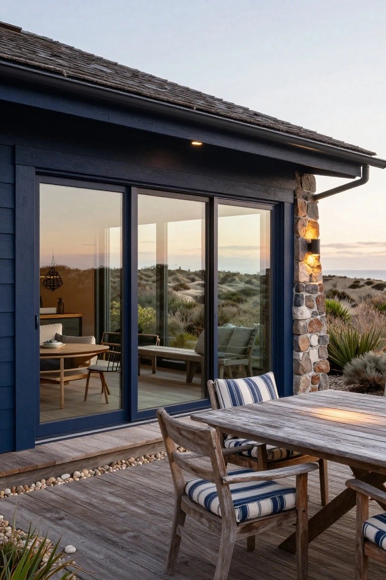 Navy blue house exterior with open sliding glass doors leading to a wooden deck holding a rectangular weathered wood dining table and four chairs with blue and white striped cushions, bordered by pebbles and coastal plants, with dunes visible in the background at dusk.