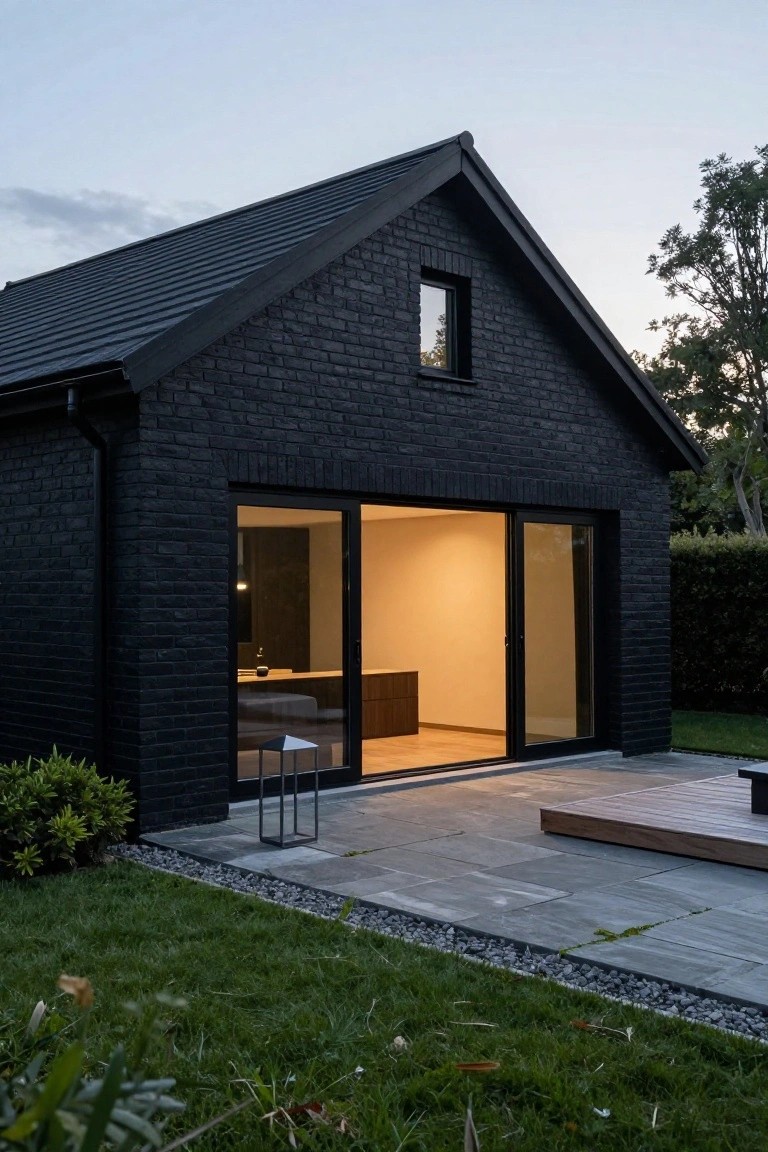 Black brick gabled house with dark metal roof, narrow upper window, and large open sliding glass doors revealing light interior kitchen area, next to stone patio, wood deck, and grassy yard edged with shrubs at dusk.