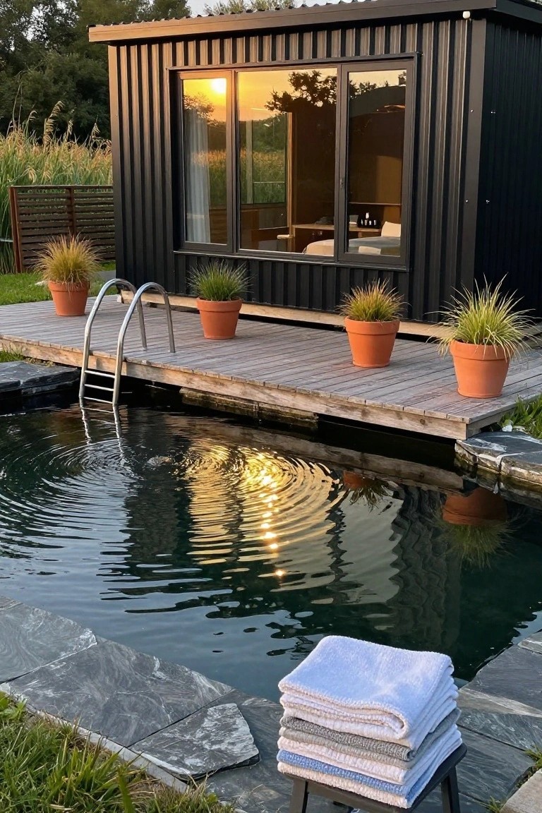 Black corrugated metal shipping container-style cabin with large sliding glass windows overlooking a wooden deck platform and ladder above a small green pool, surrounded by potted grasses and a stack of folded towels on a stool by slate pool edging.