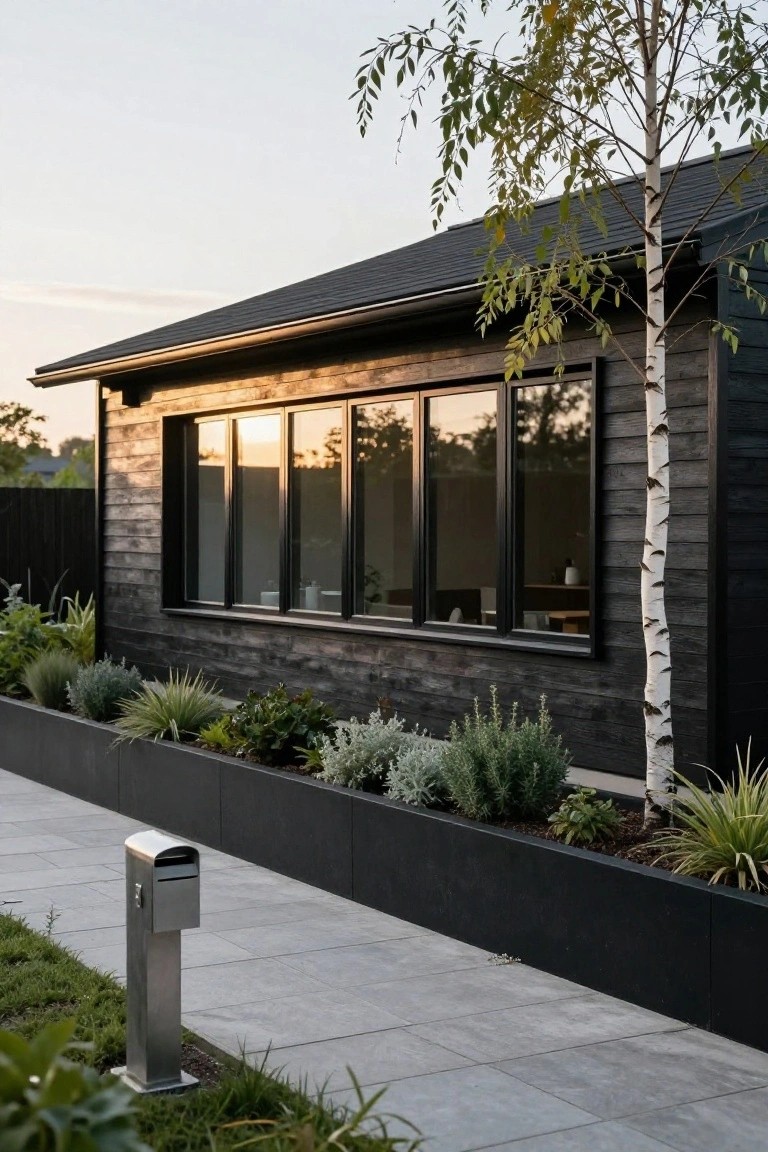 Exterior side view of a modern house with black wood cladding, large black-framed windows, a tall birch tree with white bark adjacent to the wall, raised planting beds with grasses and shrubs along a concrete-edged paver path, and a tall stainless steel mailbox post.