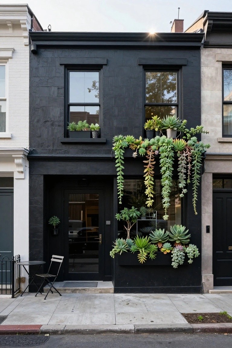 Narrow two-story black townhouse with textured walls, large windows, glass front door, outdoor chair and table, and extensive succulent plantings in boxes and trailing from the facade between white and gray neighboring houses.