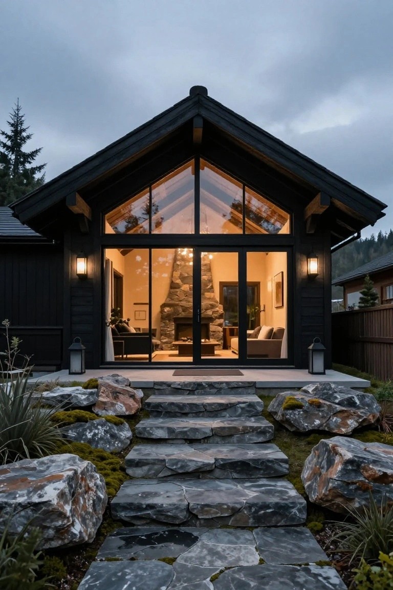 Black-clad house exterior with steeply pitched roof and large floor-to-ceiling glass doors and windows revealing interior living space, approached by irregular stone steps amid boulders and plants in low evening light.