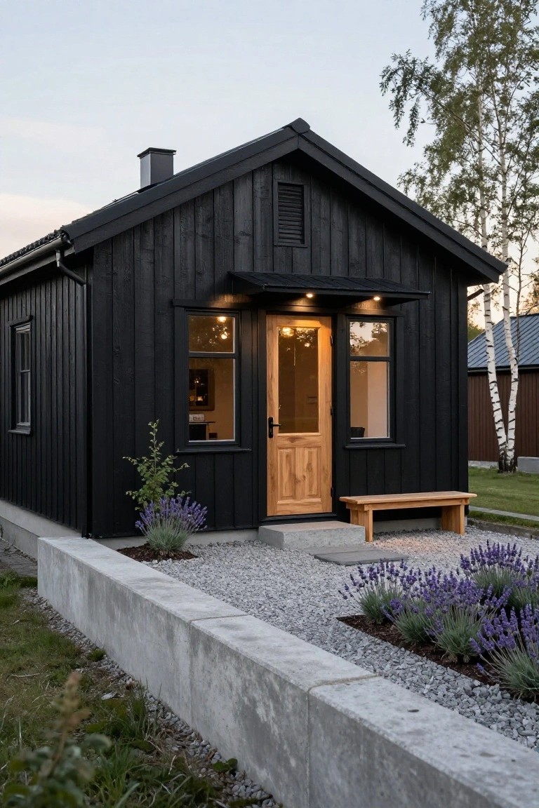 Small black vertical board-and-batten house with gabled roof, light wooden paneled double door, flanking windows, wooden bench, lavender plants, gravel path, and concrete retaining wall beside birch trees at dusk.