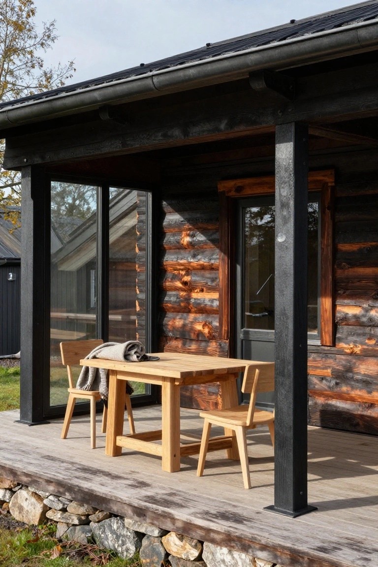 Wooden dining table with gray blanket and two matching chairs on a deck porch under black metal roof and posts next to a dark log cabin exterior with glass wall panels and entry door on stone foundation.
