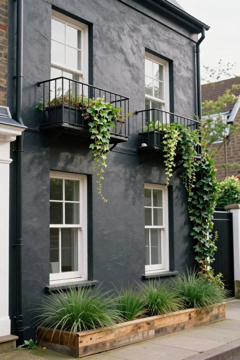 A two-story black-painted terraced house with white sash windows, a black metal balcony holding ivy planters with trailing vines down the facade, and wooden planters filled with ornamental grasses along the sidewalk base.
