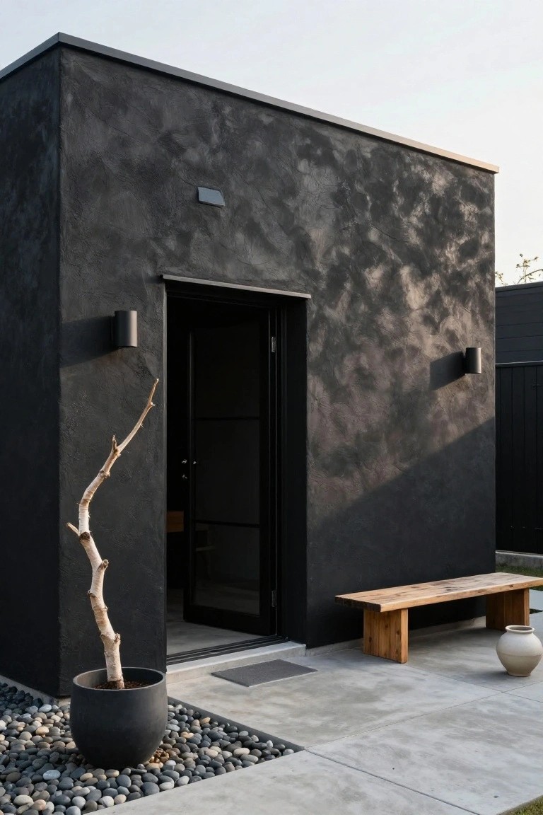 Black textured stucco exterior of a cubic modern house with open black-framed glass entry door, cylindrical wall lights, potted birch branch tree, wooden bench, large ceramic pot, river rock border, and concrete patio.