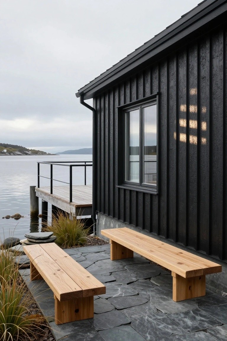 Black vertical board-and-batten house exterior beside a wooden dock on a waterfront, with two raw wood benches on a slate stone patio amid grasses and rocks.