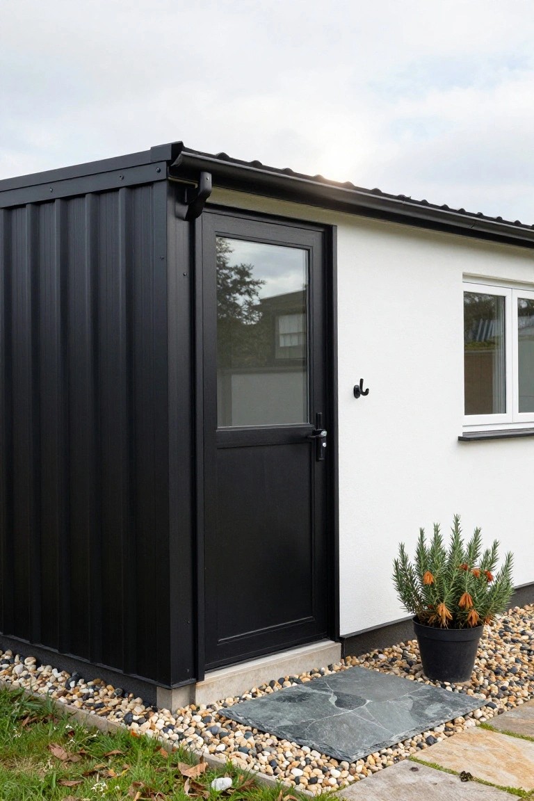 Black corrugated metal outbuilding with a black framed glass door attached to a white stucco house wall, gravel ground cover, potted plant, and stone slab path.
