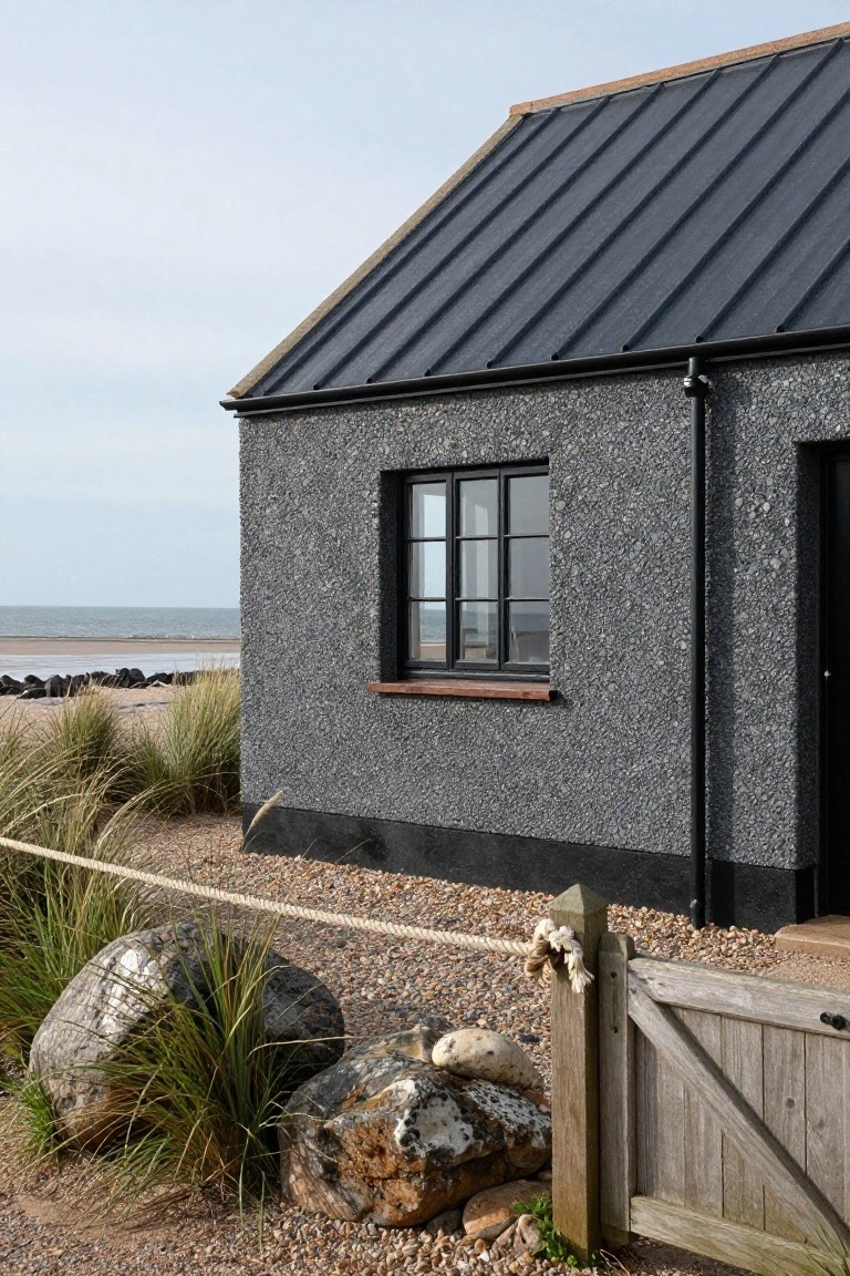 Side view of a dark gray pebble-rendered house with black metal roof, black-framed window overlooking a beach, surrounded by beach grasses, large rocks, gravel ground, and a wooden rope-tied gate.
