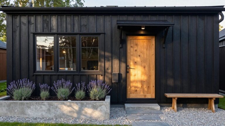 Small black vertical board-and-batten house with gabled roof, light wooden paneled double door, flanking windows, wooden bench, lavender plants, gravel path, and concrete retaining wall beside birch trees at dusk.