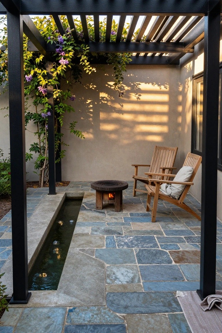 Covered patio under black metal pergola with purple flowering vines, two teak lounge chairs around a lit low stone fire pit, linear water channel in blue stone tiled floor, against beige stucco wall with black-framed window.