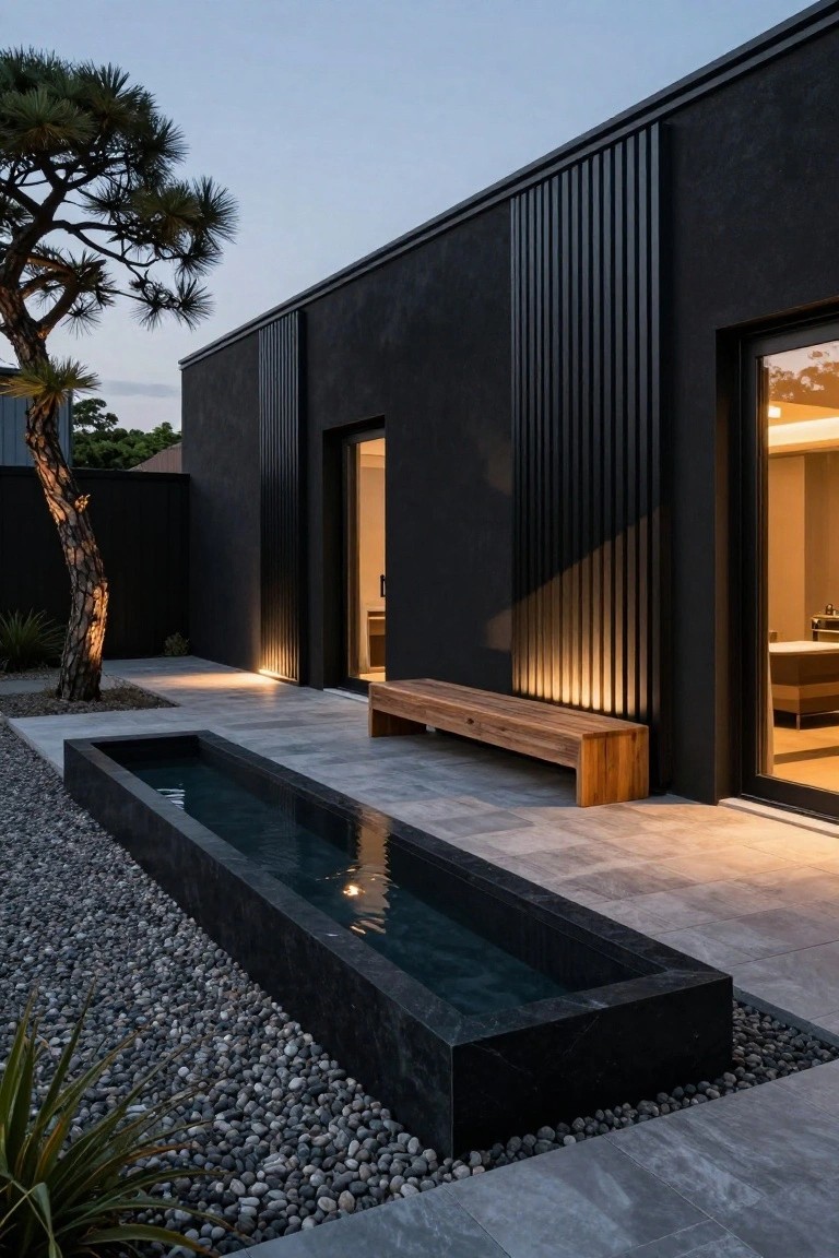 Black modern house exterior wall with vertical wooden slats, open door, glass window, wooden bench on stone pavers, linear black stone water channel with gravel bed, pine tree, and agave plants at dusk.