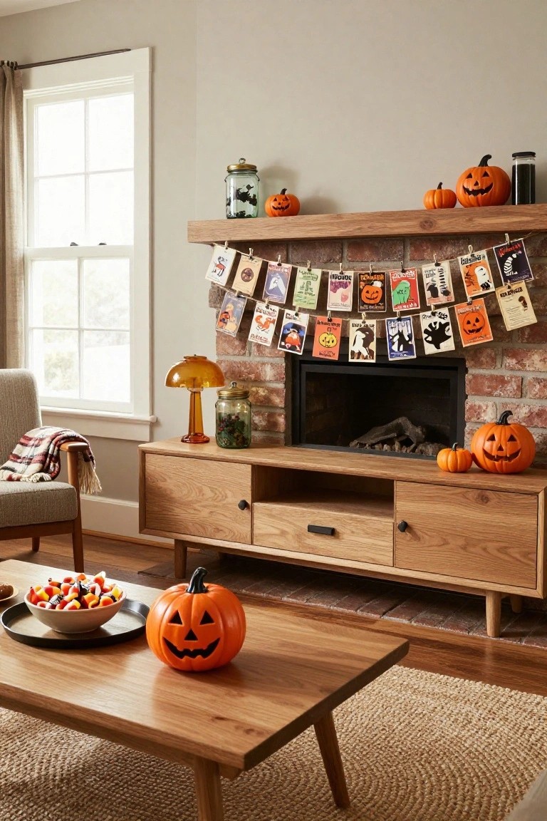 Living room featuring burnt orange velvet sofas and armchairs, wooden bookshelves with books, Halloween pumpkins on tables and floor, garlands with orange paper decorations, and plants near a window.