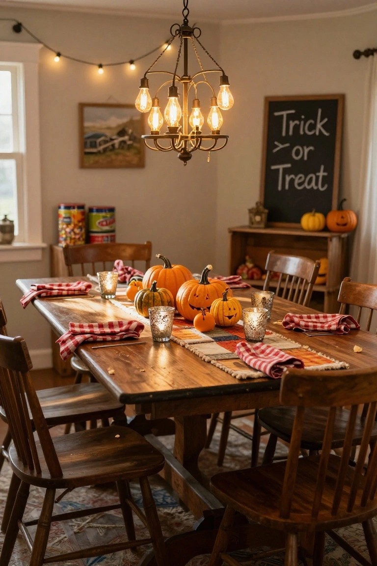 Dining room table set for Halloween with tall bundled cornstalk centerpiece, candles, orange-rimmed plates on checkered tablecloth, bat garlands on walls, and vintage framed photos nearby.