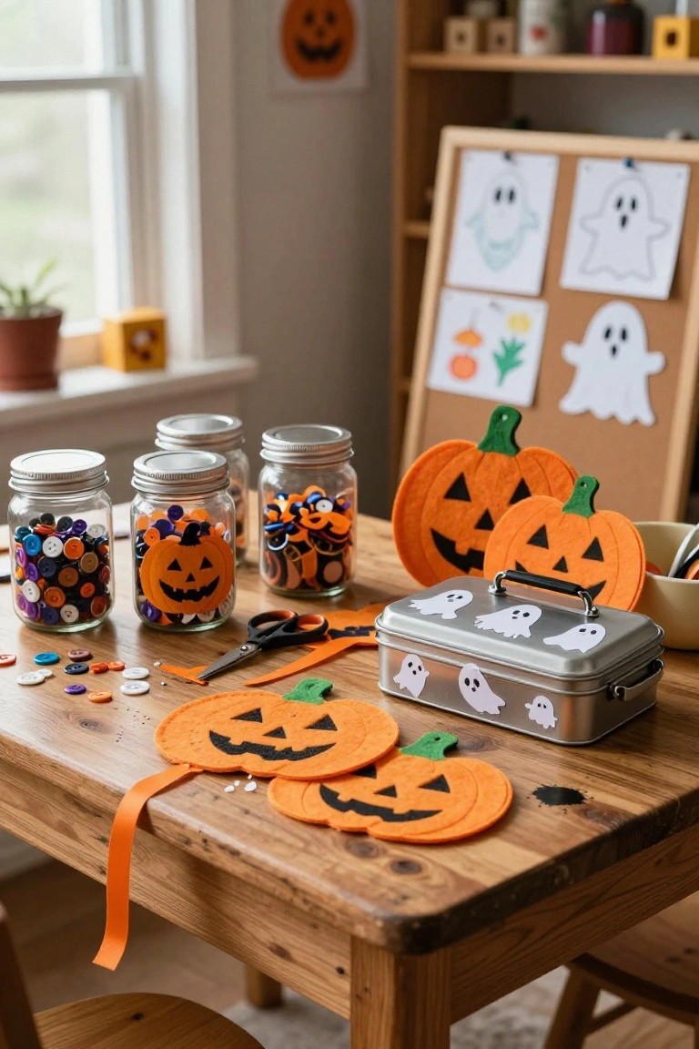 Corner booth with orange tufted cushions around a round wooden table set with glasses of milk, jars and bowls of assorted candy and cereal, against pale green paneled wall with black witch silhouettes and hanging labeled jars, orange leaf rugs on wood floor.