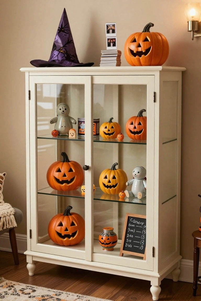 Indoor sewing station on a wooden table featuring a white sewing machine, orange fabric scrap, plush jack-o-lantern pumpkin, spools of thread, buttons, and Halloween doll sketches displayed on nearby walls.