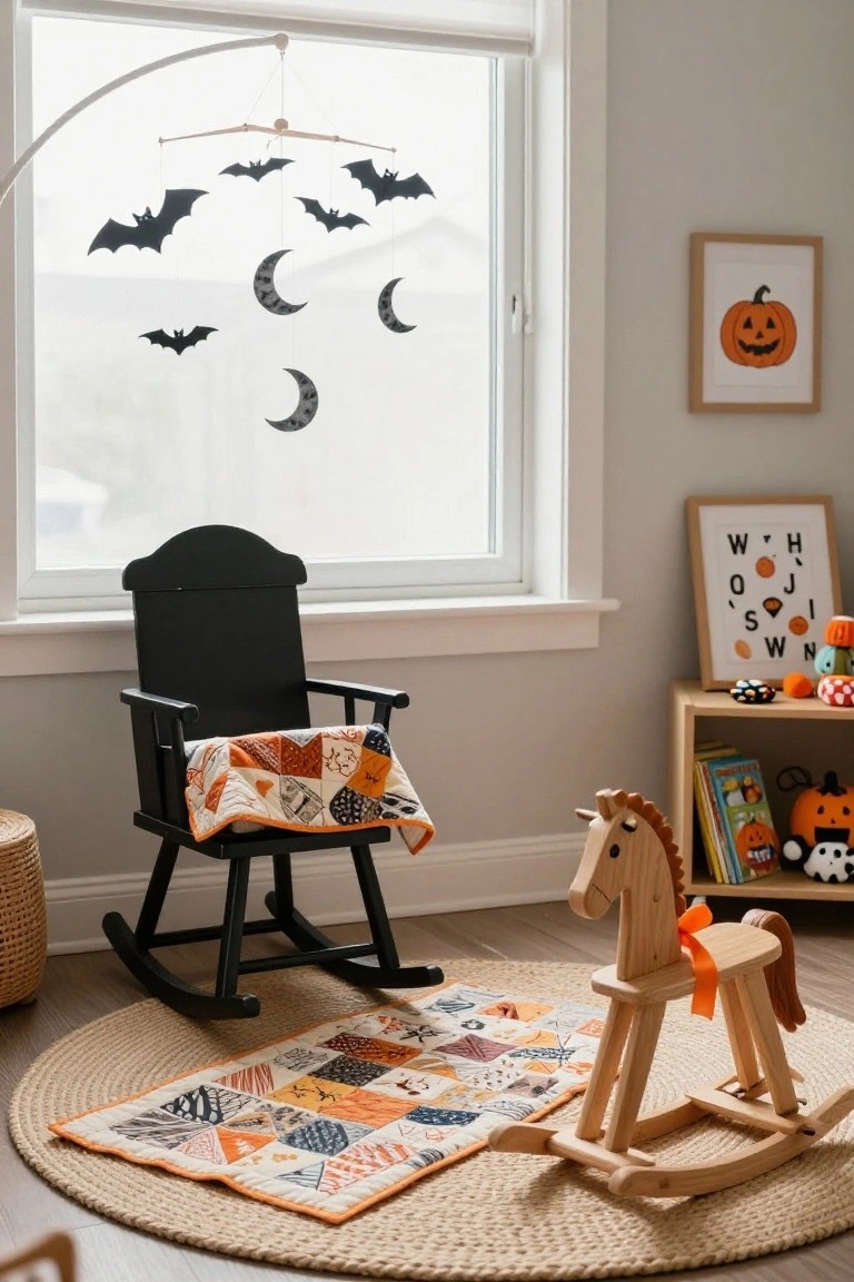 Cozy bedroom with orange ruffled bedding on a wood bed frame, Halloween decorations including pumpkin lanterns, a large pumpkin tapestry, string lights, books on a nightstand, and a black cat figure on the bedhead.