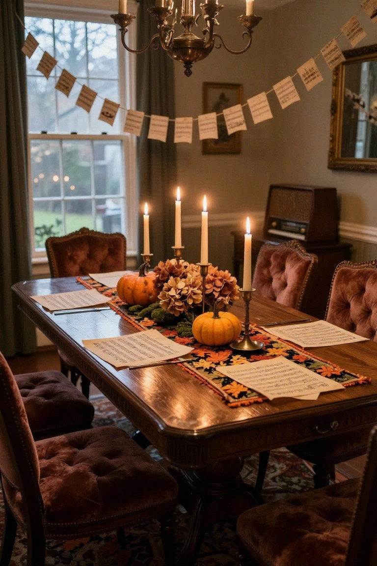 Beige room corner with mustard velvet armchair draped in orange throw, rattan side table topped with black cat figurine and orange jack-o-lantern pumpkin, arched wood mirror, potted plant, sheet music poster, retro orange floral rug, and scattered Halloween items.
