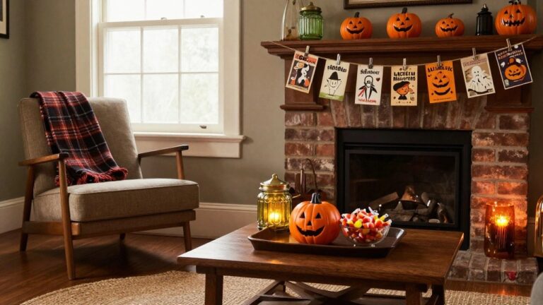 Living room featuring burnt orange velvet sofas and armchairs, wooden bookshelves with books, Halloween pumpkins on tables and floor, garlands with orange paper decorations, and plants near a window.