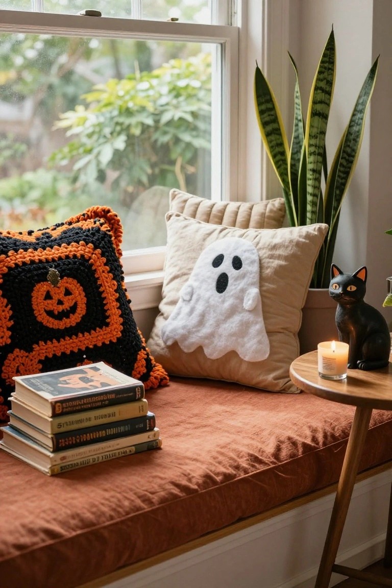 A living room fireplace mantel decorated for Halloween with a garland of white felt ghosts, trailing ivy plants, a black candle holder, firewood stacked inside, a witch doll on the hearth, and a framed witch artwork on the wall above.