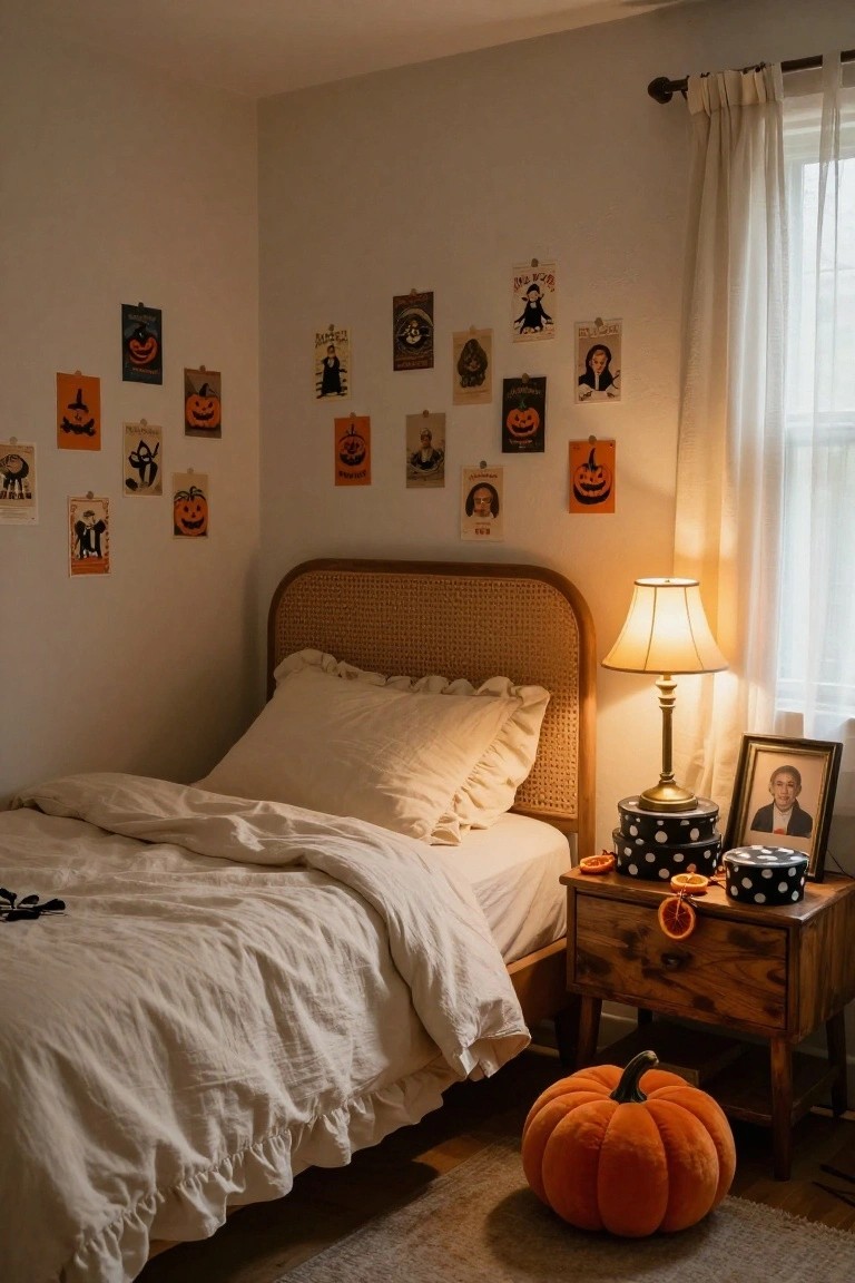 Cozy nursery with white crib holding small black cat and jack-o-lantern plush toys, beige tufted armchair draped in orange knit throw, wooden bookshelf displaying children's books and white ghost plush, crocheted orange pumpkin hanging from shelf, brass wall lamp lit next to crescent moon decal, on beige paneled walls with seagrass rug.