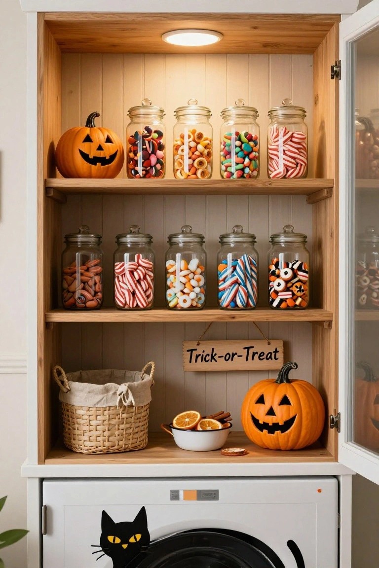 Wooden staircase lined with carved orange jack-o'-lantern pumpkins on each step, each lit from within by candles, with Halloween garlands along the railing and family photos on the wall.