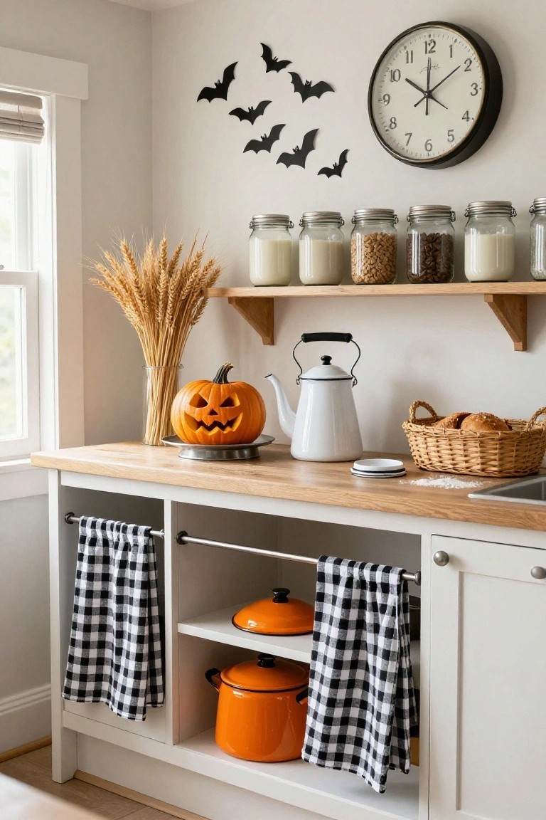 Kitchen with open wood shelves holding glass jars filled with colorful Halloween candies, cat-patterned bowls and pots, a hanging gingerbread man ornament, brass faucet over black sink, red checkered towels, and a chalkboard sign reading Halloween Pancakes.