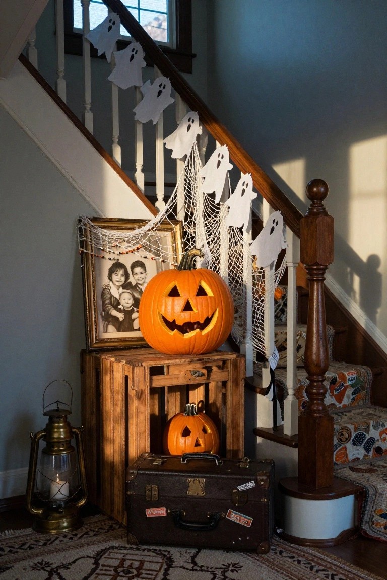 Small bathroom with black wallpaper patterned in gold moons and stars, floating wooden vanity holding white sink and gold faucet, round gold mirror, potted fern plant, orange towels printed with black bats, and white plastic skulls on shelves and vanity.