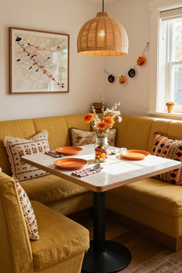 Bedroom with wooden bed dressed in terracotta linens, wooden nightstand holding a metallic pumpkin and vintage suitcase, brass wall lamp, white macrame wall hanging with small crocheted pumpkins, and sheer curtained window.