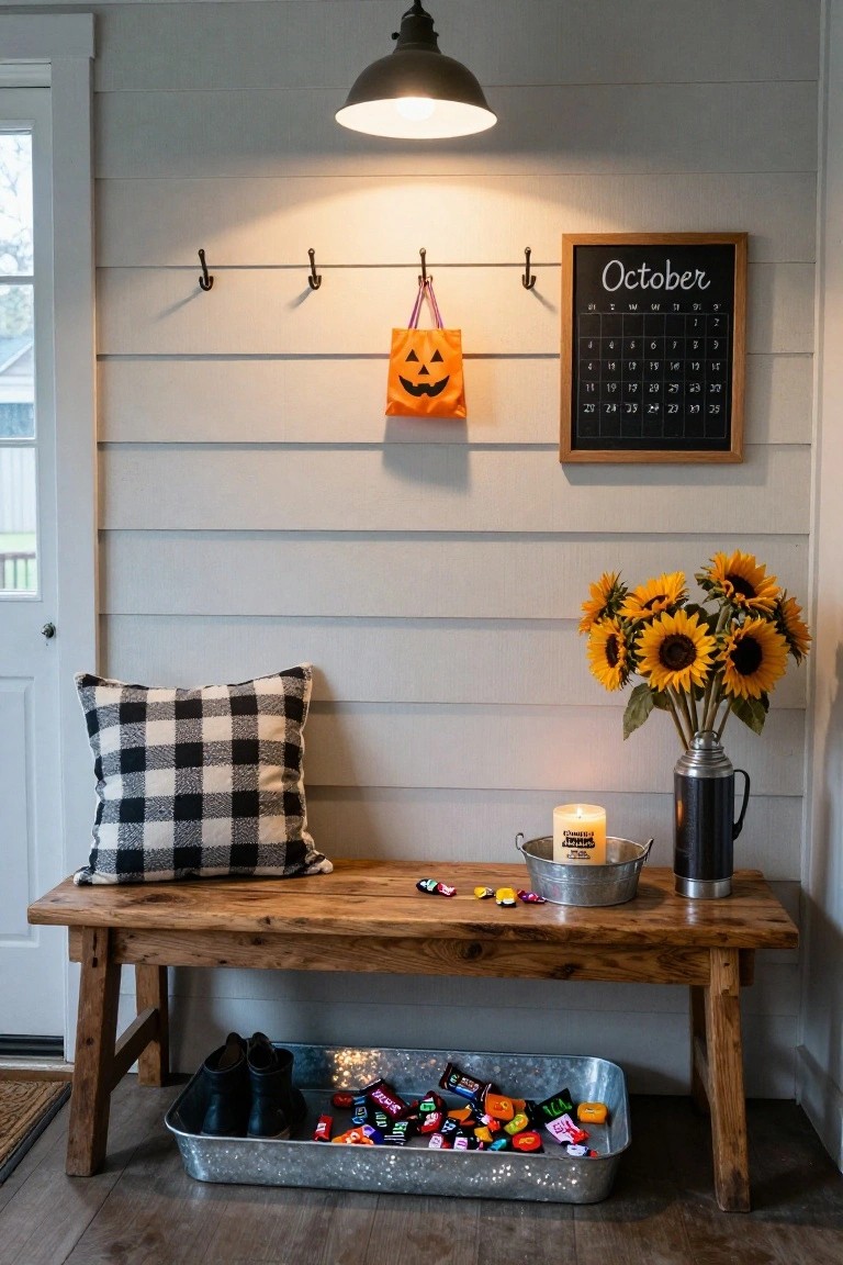 White mudroom with open shelves holding orange, black, and white jack-o'-lantern painted metal buckets, enamel sink, wooden bench with wicker baskets below, Halloween sign, black-and-white towel, red-handled broom, and coat hooks on shiplap walls.
