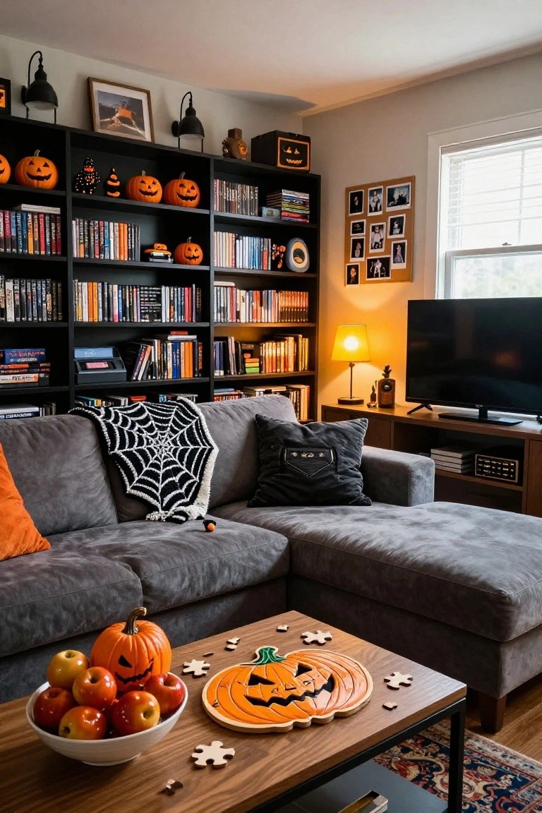 Wooden open shelving unit displaying Halloween candies in glass jars labeled with treats like candy corn, peppermints, nuts, and beans, plus burlap bags, a scale, and a chalkboard sign reading 