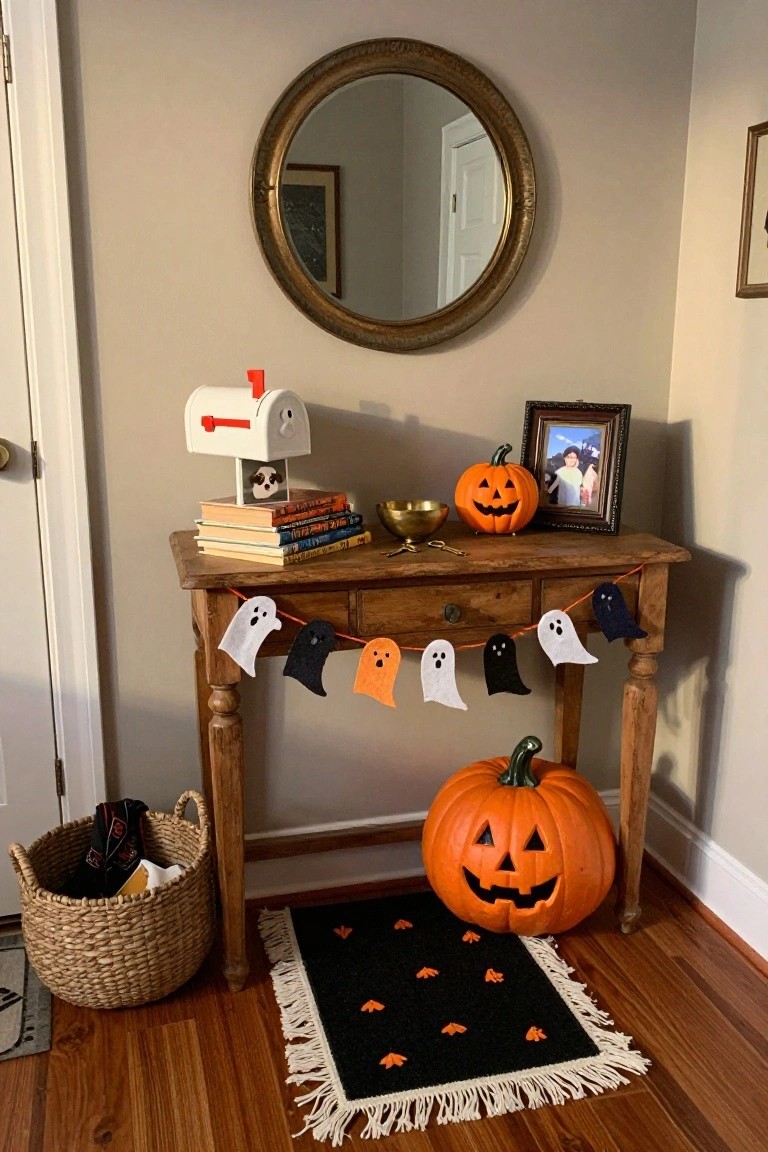 Rustic wooden console table against a white shiplap wall in an entryway, topped with bowls of orange and white pumpkins, a black Halloween banner, and a crate of pillar candles below, with a brass mirror above and a fabric bag hanging from the side.
