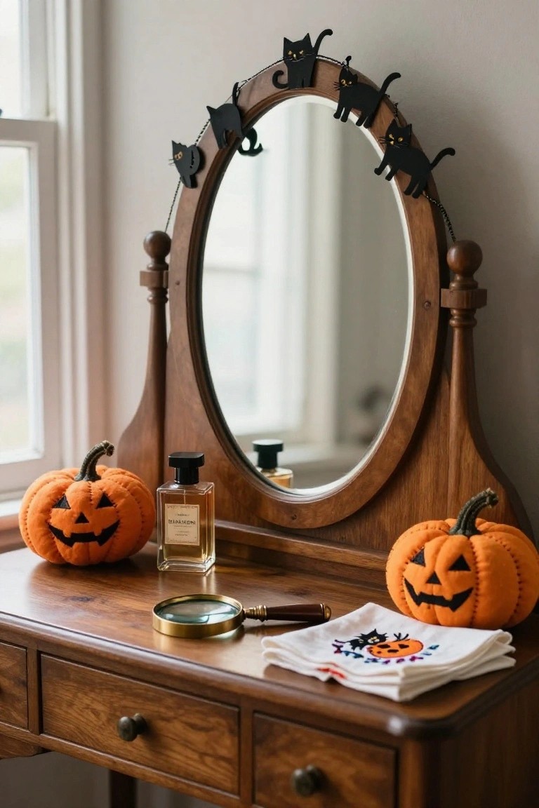 Small white indoor closet or nook with pegboard walls strung with twine lines holding vintage Halloween prints and drawings clipped by clothespins, black witch hats hanging above, and a wooden shelf at bottom with black lantern, white bowl of candy, and candle.