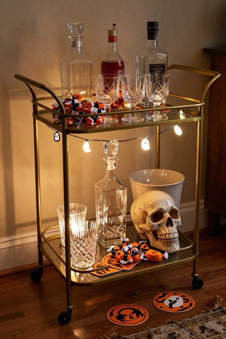 Black console table in room corner with silver tray holding apothecary bottles, open Witch's Brew book, orange liquids, and lit jack-o-lantern pumpkin, Edison bulb lamp nearby, two wood stools, and framed black-and-white photo of people in costumes on wall.