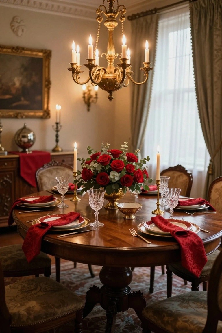 A round wooden dining table in a traditional room set with red napkins, white plates, crystal glasses, gold bowls and candlesticks, a red roses centerpiece with eucalyptus, and multiple lit candles under a gold chandelier.