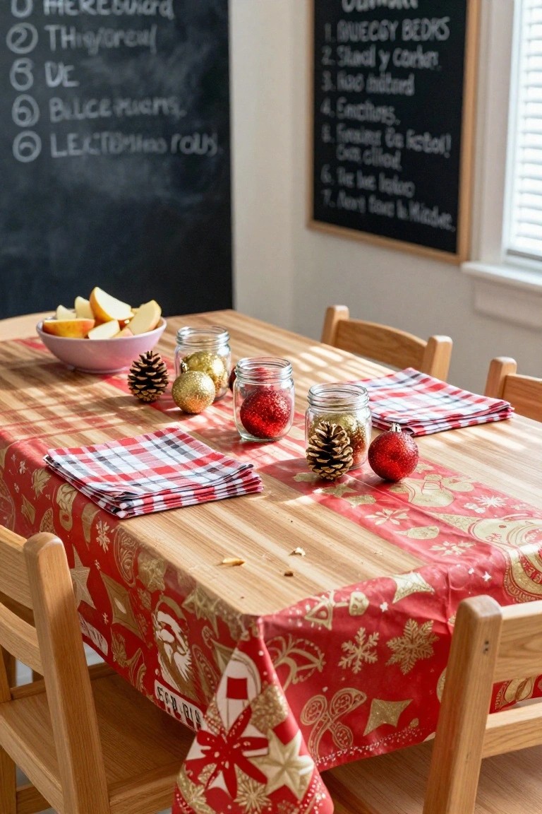 Wooden dining table with red and gold metallic Christmas tablecloth featuring Santa and snowflakes, set with plaid napkins, mason jars containing gold ornaments, pinecones, red Christmas balls, and a bowl of sliced apples, wooden chairs around it, blackboards on walls listing items.
