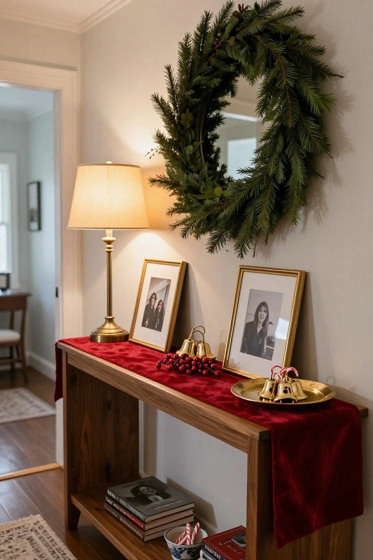 Wooden console table in an entryway with red velvet runner, gold bells on a tray, red berries, candy canes, flanked by gold-framed black-and-white photos, brass lamp nearby, and green wreath on wall.