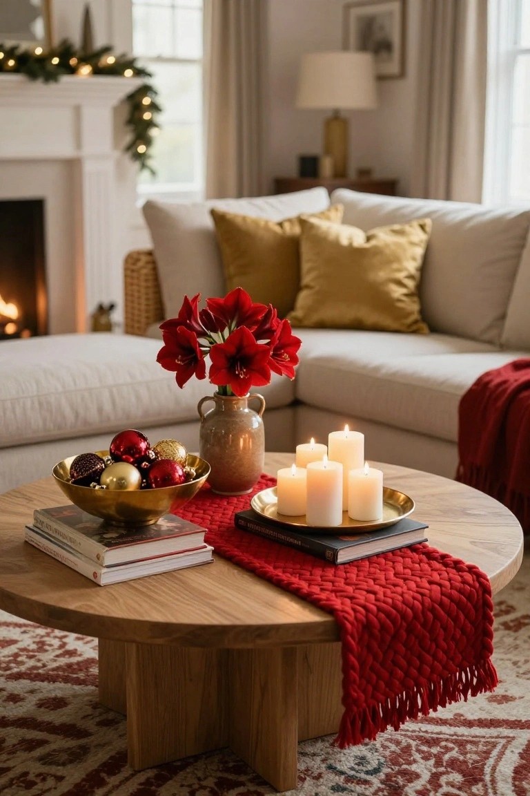 Wooden coffee table in a living room with red braided runner, gold bowl of red and gold Christmas ornaments, white pillar candles on gold tray, red amaryllis in terracotta vase, stacks of books, near beige sofa and fireplace.