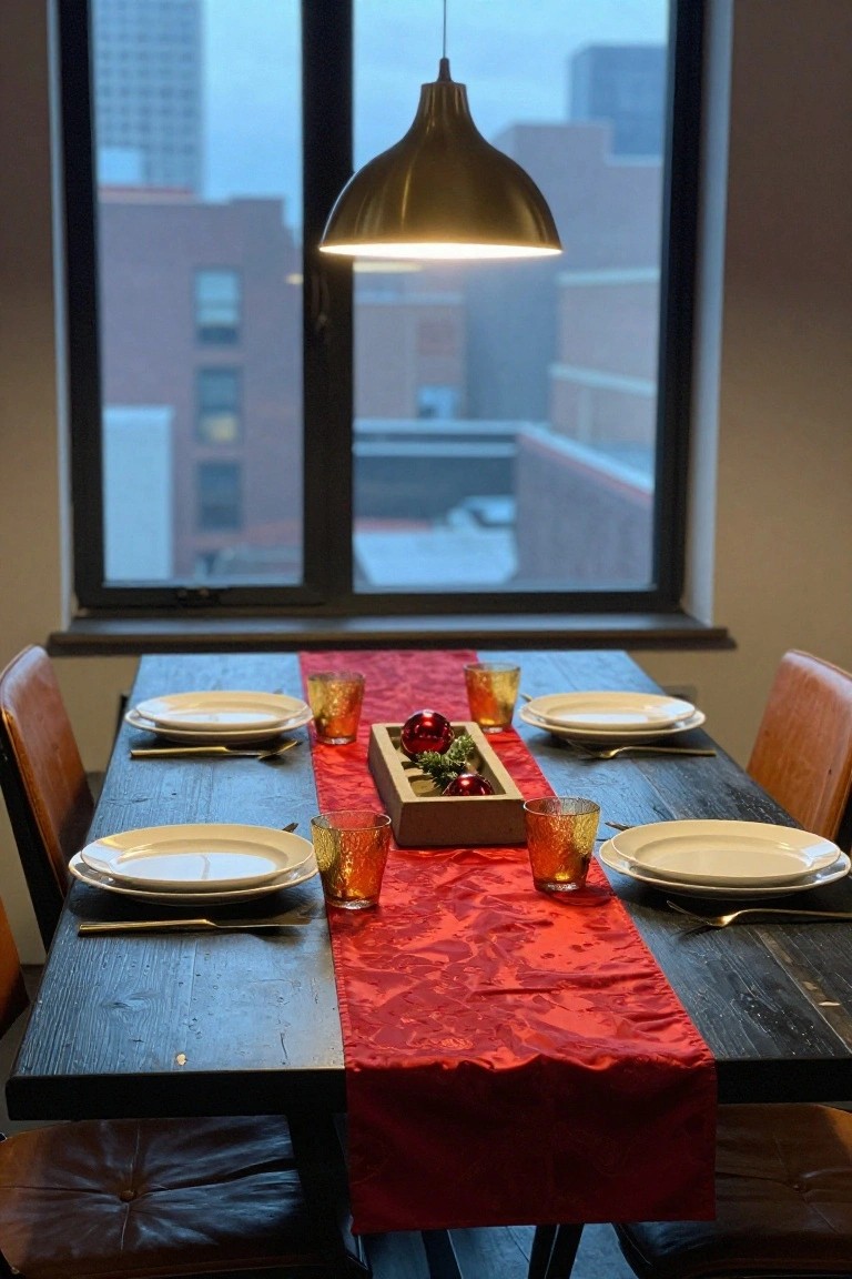 Rectangular dark wood dining table set for four with red satin runner, white plates, gold-rimmed glasses, Christmas ornaments, and greenery centerpiece, in a room with large window overlooking city buildings at dusk.