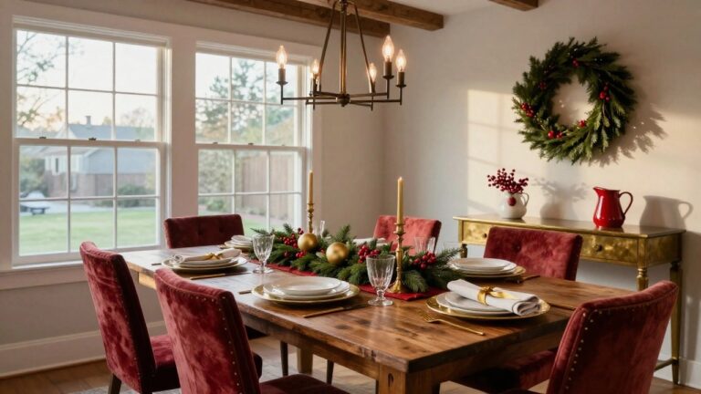 Wooden dining table in a light-filled room set for Christmas dinner with red velvet runner, gold charger plates, crystal glassware, gold candlesticks, holly centerpiece, and holiday garland on overhead lantern chandelier.