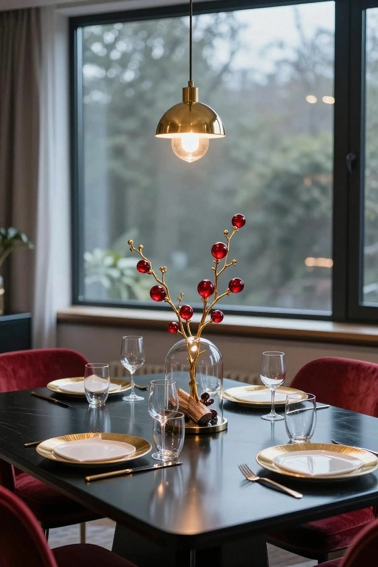 Close-up of a black dining table set with gold-rimmed white plates, wine glasses, water glasses, and a central gold branch sculpture with red berries inside a glass dome, flanked by red velvet chairs and lit by a brass pendant lamp above a large window.
