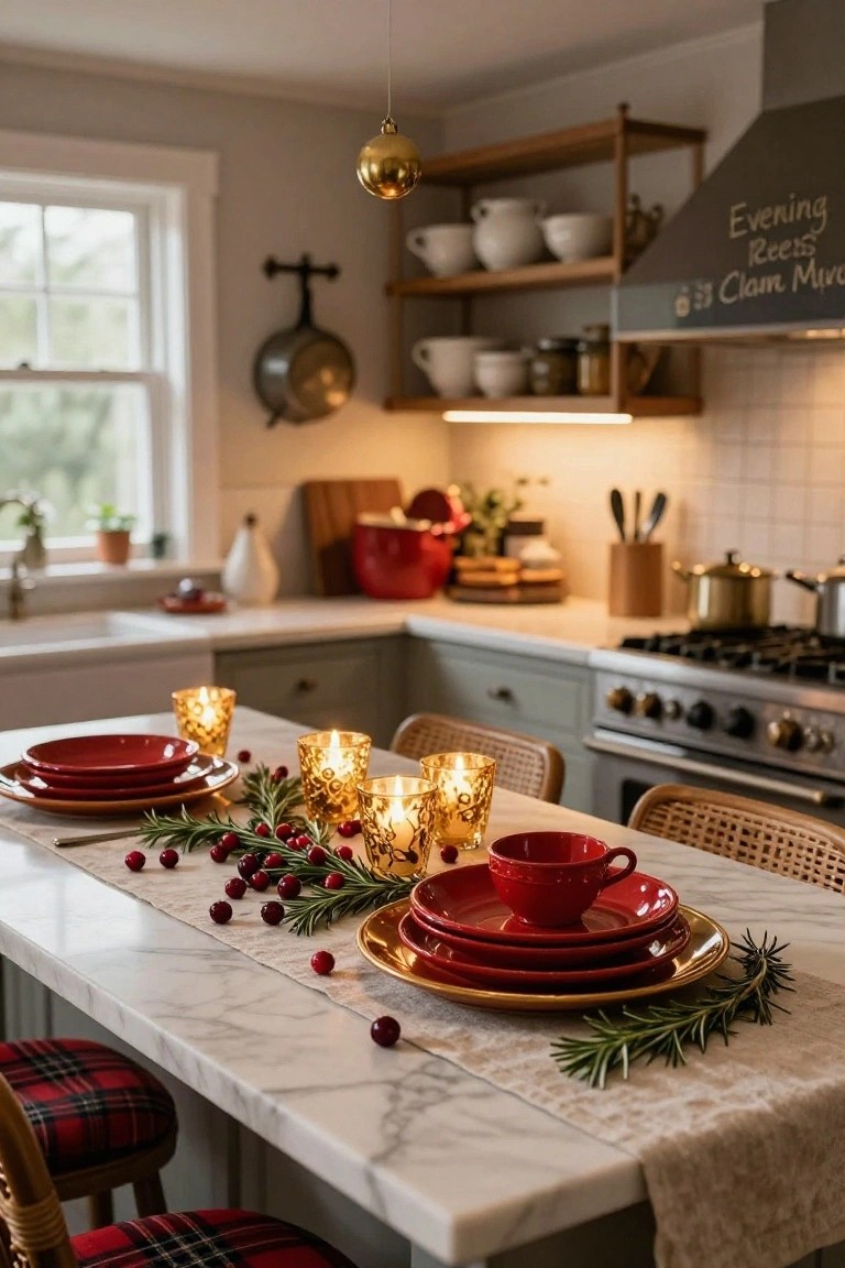 Kitchen island tabletop set for Christmas with stacked red plates on gold chargers, gold glass candles with flames, rosemary branches and red berries as runner, rattan chairs with red plaid cushions, marble counter, green cabinets, and stainless appliances in background.